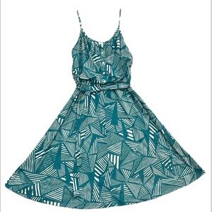 Vintage Darian Turquoise White Geometric Print Spaghetti Strap Midi Dress Size M